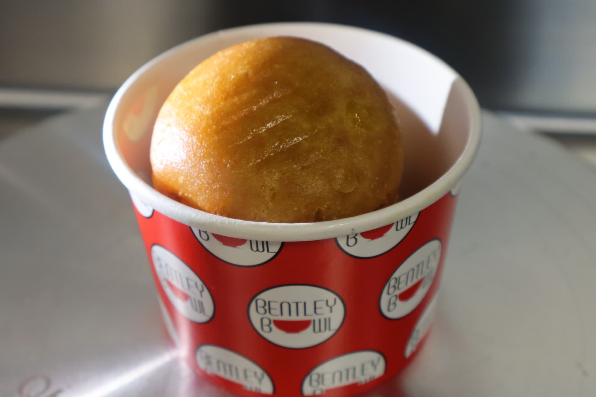 Bentley Bowl cornbread in a branded red cup